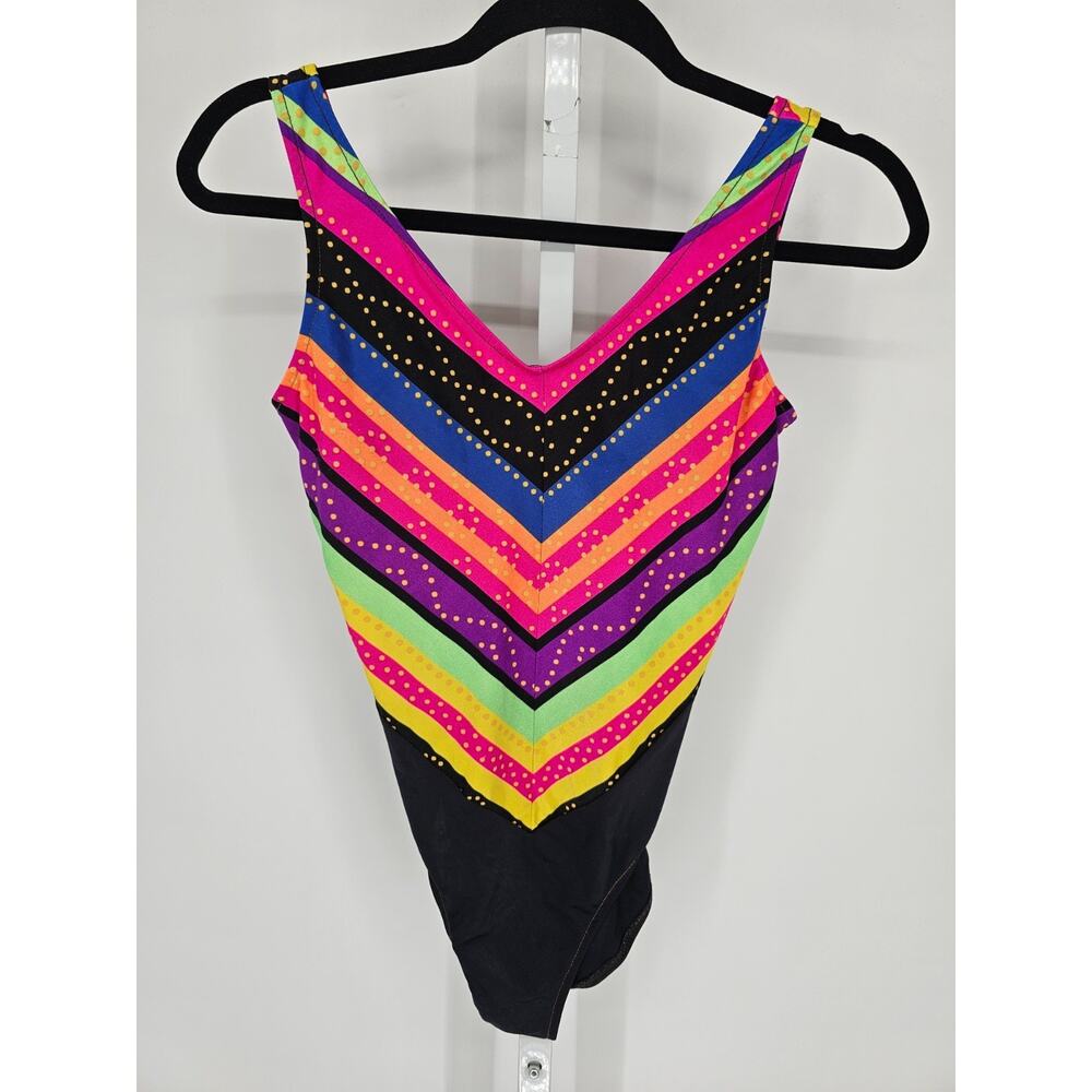 Vintage Sun Streak Womens Sz 16 One Piece Swimsuit Bright Rainbow Striped
